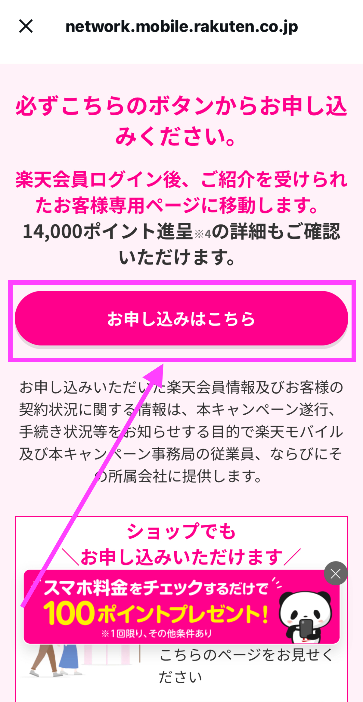 三木谷キャンペーン 申し込みページ(スマホ)