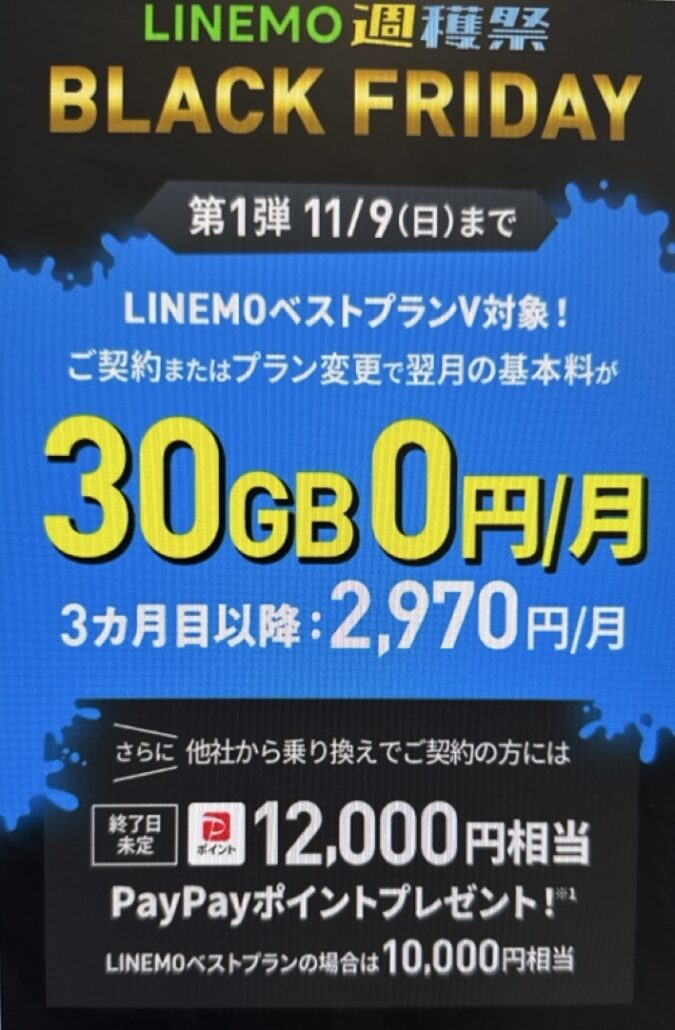 LINEMOベストプランV(30GB 2,970円)の翌月の基本料金が0円